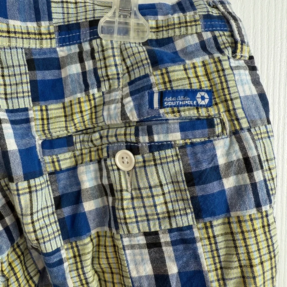 Vtg Southpole Plaid Patchwork Shorts Youth 20 Blue Yellow Y2K Streetwear Hip Hop